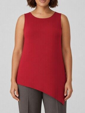 Eileen Fisher Red Asymmetrical Tunic Tank Jersey Knit Top Womens L USA Lagenlook